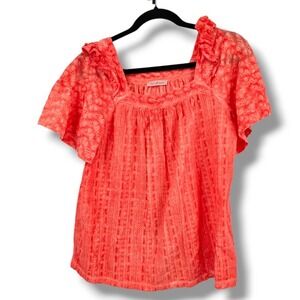 Ces Femme Eyelet Ruffle Trim Top Square‎ Neck Blouse Coral Pink S